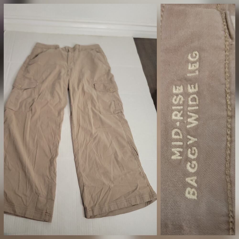 AMERICAN EAGLE Pants 14 Mid Rise Baggy Wide Leg Cargo Drapey Tan Khaki